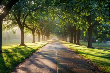 A road flanked by trees on both sides bathed in the soft morning light - obrazy, fototapety, plakaty
