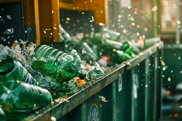 Green plastic bottles lined up on a metal bin, concept of recycling and waste management