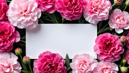 This is an image of a card placed in the center of a beautiful carnation flower. Generative AI.