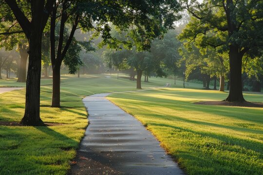 A path running through a grassy park in the early morning light with dew on the grass