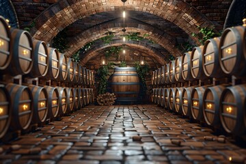 Room Filled With Wooden Barrels - obrazy, fototapety, plakaty