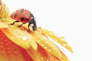 Red ladybug perches on edge of yellow flower with water drops - Powered by Adobe