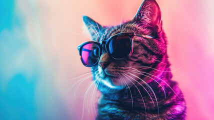 cool cat with sunglasses on colorful background. ultra realistic on a vibrant background Generative AI