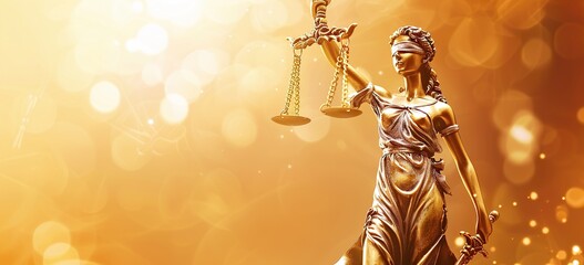 Illuminated backdrop complements Lady Justice statue holding scales and sword