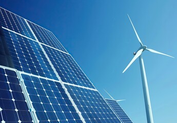 Solar panel and wind turbine against blue sky signify renewable energy.