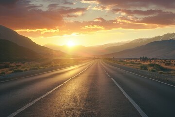 Scenic highway leads to a sunset-lit mountain range on an open road journey