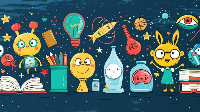 Vibrant Cartoon Schoolmates and Educational Icons Celebrating Joyful Learning and