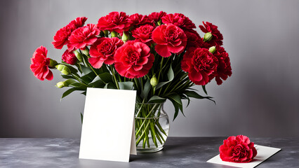 This is an image of a card placed next to a beautiful carnation flower. Generative AI.