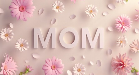 3D wooden text "MOM" with pink daisies on a light background