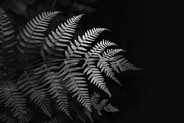 White fern leaf on black background. You can see a lot of details on the photo.