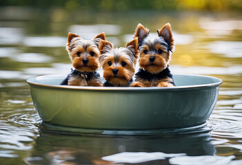 Three Yorkies in a kids swimming pool looking out - obrazy, fototapety, plakaty