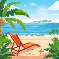 A wide background with summer illustrated art about playing on the beach and relaxing