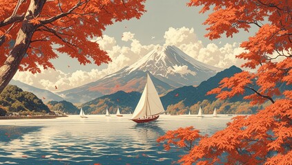 Ukiyoe style landscape with mountains and trees in the distance. Red leaves on both sides of the water surface with small boats floating. - obrazy, fototapety, plakaty