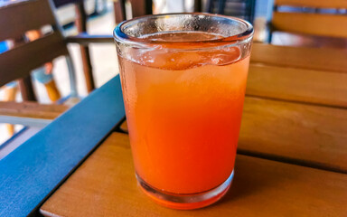 Glass of red watermelon juice in Puerto Escondido Mexico.