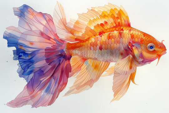 Watercolor clipart of a skyfish, its scales reflecting the colors of dawn and dusk, isolate on white background The swimmer of the heavens