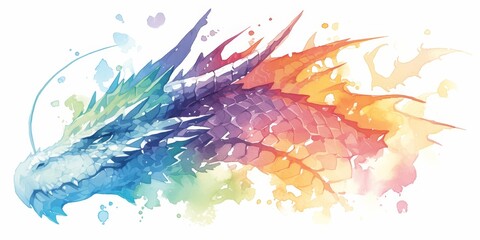 watercolor dragon head in rainbow colors against a white background. The dragon head is painted in the style of a watercolor