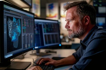 A man sits in front of a computer monitor, focused on analyzing data as part of a digital forensics investigation - obrazy, fototapety, plakaty