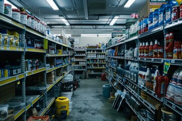 A store filled with shelves packed with a wide variety of auto parts and products for vehicles - obrazy, fototapety, plakaty