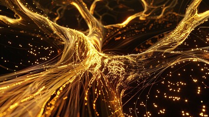 Abstract glowing stars and a fiery fractal Christmas tree on a dark blue backdrop