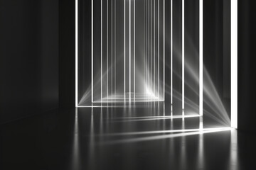 A black and white black of an empty room with only vertical lines and lights for background