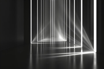 Obraz premium A black and white black of an empty room with only vertical lines and lights for background