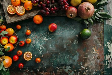 A top-down view of a rustic table covered in a vibrant assortment of freshly harvested fruits