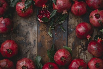 A collection of freshly harvested organic pomegranates arranged on a rustic wooden table from a top-down perspective