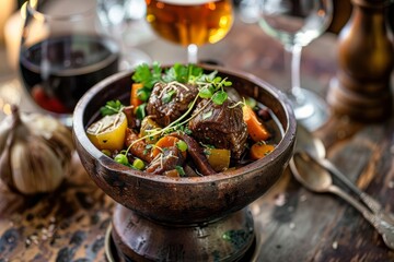 A wooden bowl filled with a rich gourmet elk stew simmered in dark beer and packed with colorful vegetables - obrazy, fototapety, plakaty