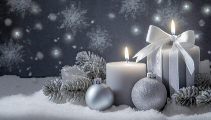 Fototapeta na wymiar Christmas silver candles with white bow, decorated, holidays, studio