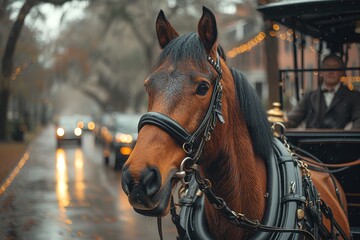 Horse-Drawn Carriage Horse-drawn carriage offering city tours in a historic district - obrazy, fototapety, plakaty