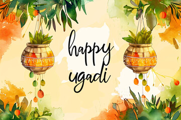 Greeting card with Happy Ugadi lettering text. Hindu New Year. Traditional Indian festival. Happy Gudi Padwa or Yugadi. Template for design poster, banner, invitation - obrazy, fototapety, plakaty
