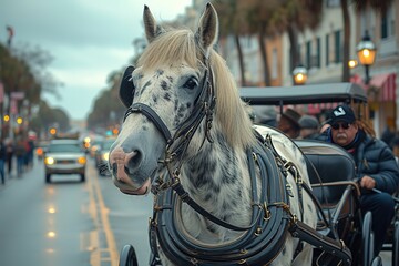 Horse-Drawn Carriage Horse-drawn carriage offering city tours in a historic district