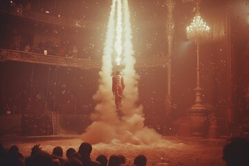 Human Cannonball Show Performer being launched from a cannon in a circus-style show - obrazy, fototapety, plakaty