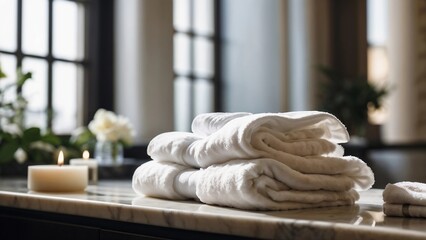 Fototapeta na wymiar Close-Up Luxury, Plush Towel Stack in Hotel Bathroom