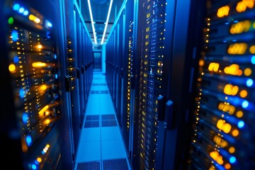 A view of a long hallway in a data center filled with rows of servers, representing the infrastructure for high-frequency trading