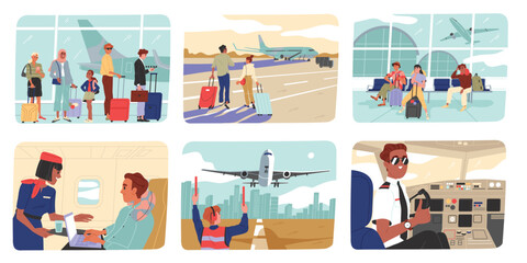 Set of scenes with people at airport. Happy tourists take luggage, sit in waiting room or fly on airplane. Passengers queue for check in. Cartoon flat vector illustrations isolated on white background