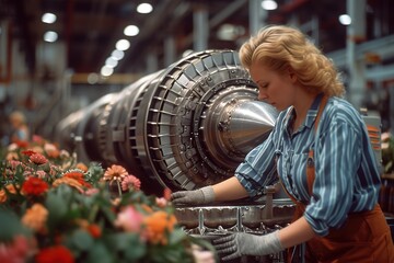 Jet Engine Manufacturing Workers assembling jet engines in a manufacturing facility