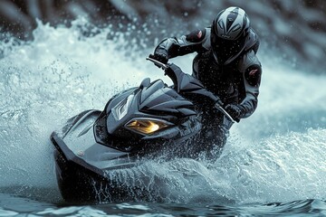 Naklejka premium Jet Ski Stunt Skilled jet skier performing stunts and tricks on the water
