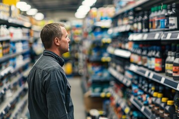 A man standing in front of a store shelf, browsing the items on display in the aisle from an OvertheShoulder perspective