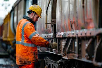A railway worker, wearing an orange safety jacket, is seen actively working on a train within a train yard - obrazy, fototapety, plakaty