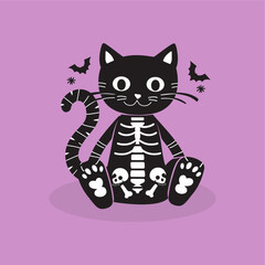 halloween cat skeleton vector...