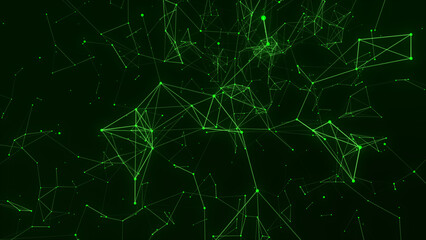 Abstract Plexus green  Geometrical Shapes. animation And Web Concept. Digital, Communication And Technology Network Background With Moving Lines And Dots Global network connection.