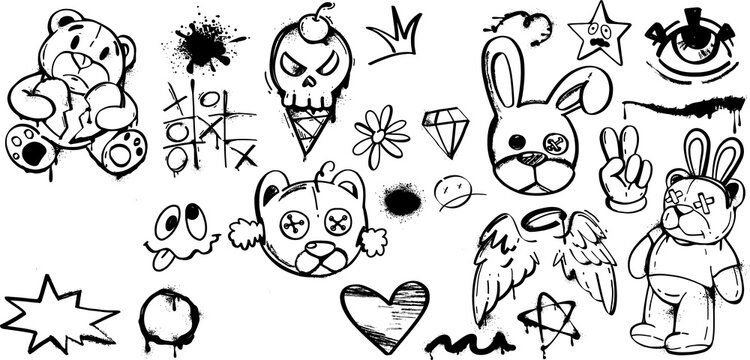 Black spray paint with bears with wings and balloon tic tac toe crown smiley face flower graffiti