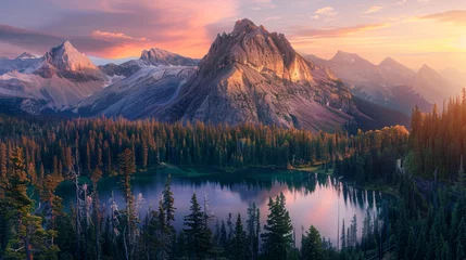  lake in the mountains with forest at pink sunset © Spyrydon