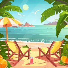 A wide background with summer illustrated art about playing on the beach and relaxing