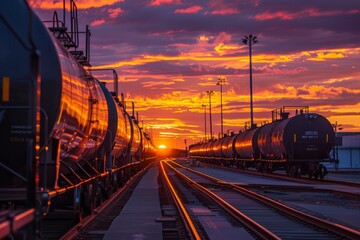 Fototapeta na wymiar A train yard silhouetted against a sunset, with warm golden light illuminating the scene