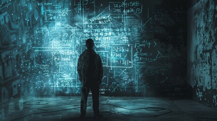 a stoic figure standing in front of a wall filled with equations. theory of everything. solve equations. wall sized glowing computer screen. scribbles of calculations and code. digital art - obrazy, fototapety, plakaty