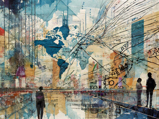 Abstract artwork with graffiti, human silhouettes, paint strokes and ink splatters, world map, lines and paint drippings