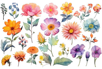 Illustration watercolor Floral in Garden, wildflower, colorful flowers, on transparent background with png file. Cut out background.