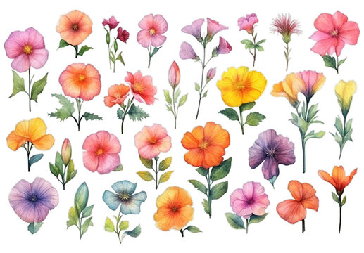 Illustration watercolor Floral in Garden, wildflower, colorful flowers, on transparent background with png file. Cut out background.